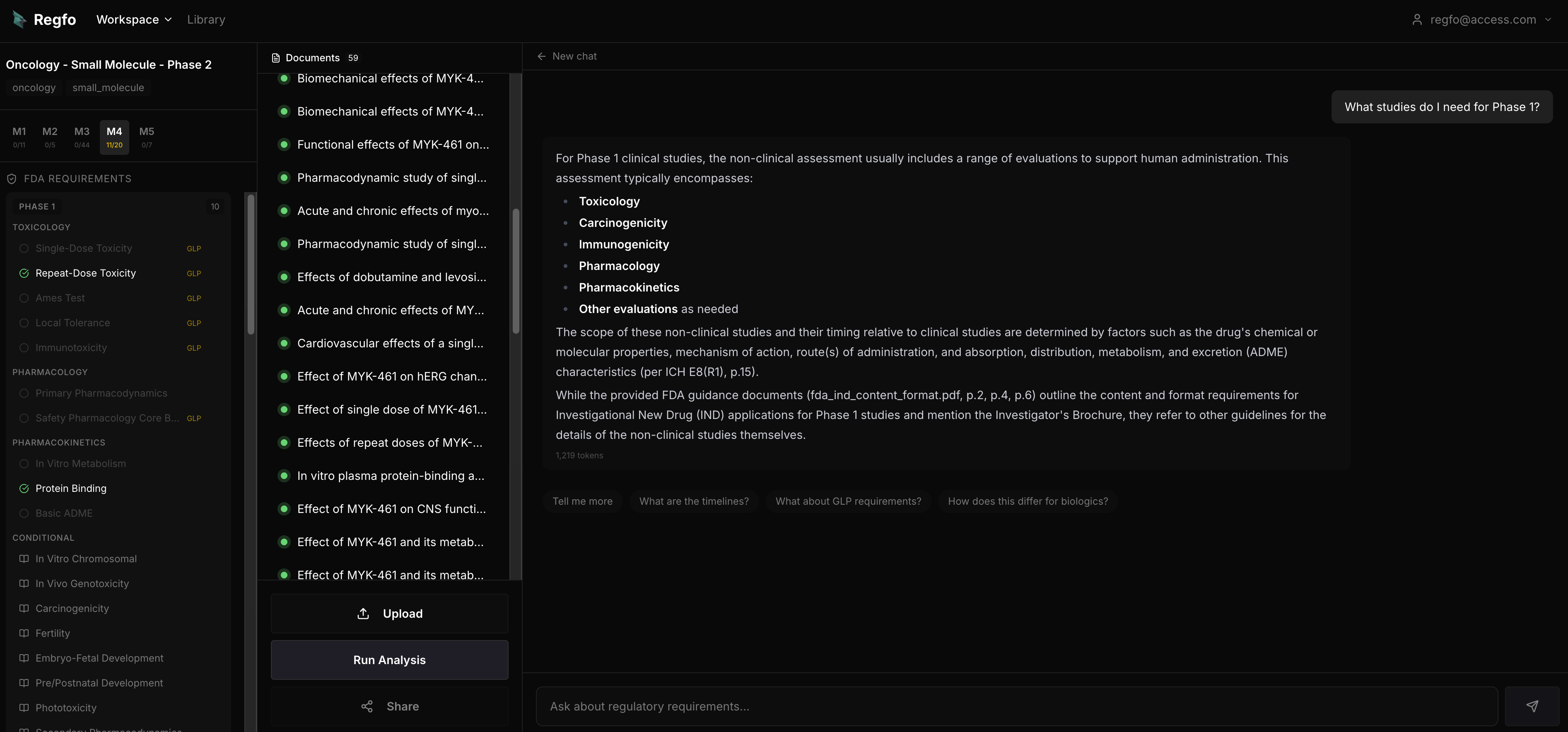 Regfo AI chat — ask about Phase 1 study requirements