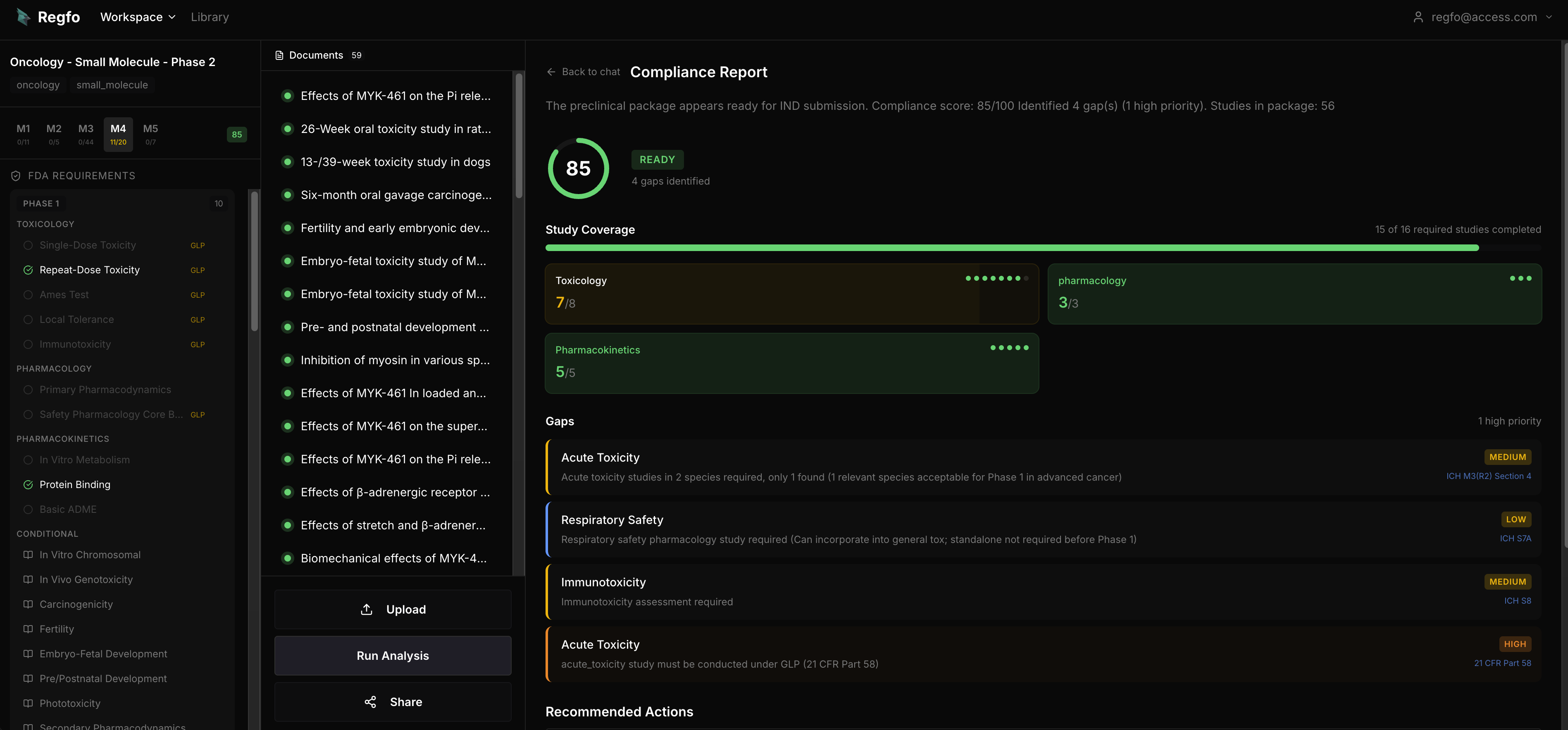 Regfo compliance report — 85/100 score with 4 gaps identified